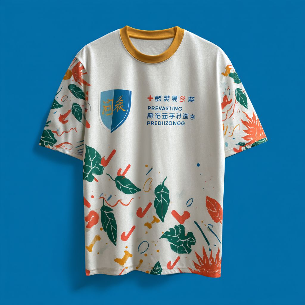 这件文化创意T恤传达积极的生活态度，主题是“预防疾病，伴随青春”，以时尚与健康相结合为特色