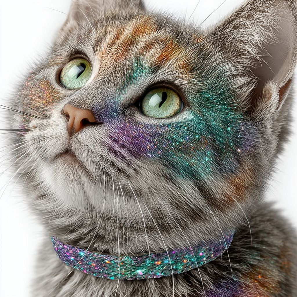 一只俏皮的猫，拥有星空图案的毛发，戴着发光项圈，单眼眨 wink