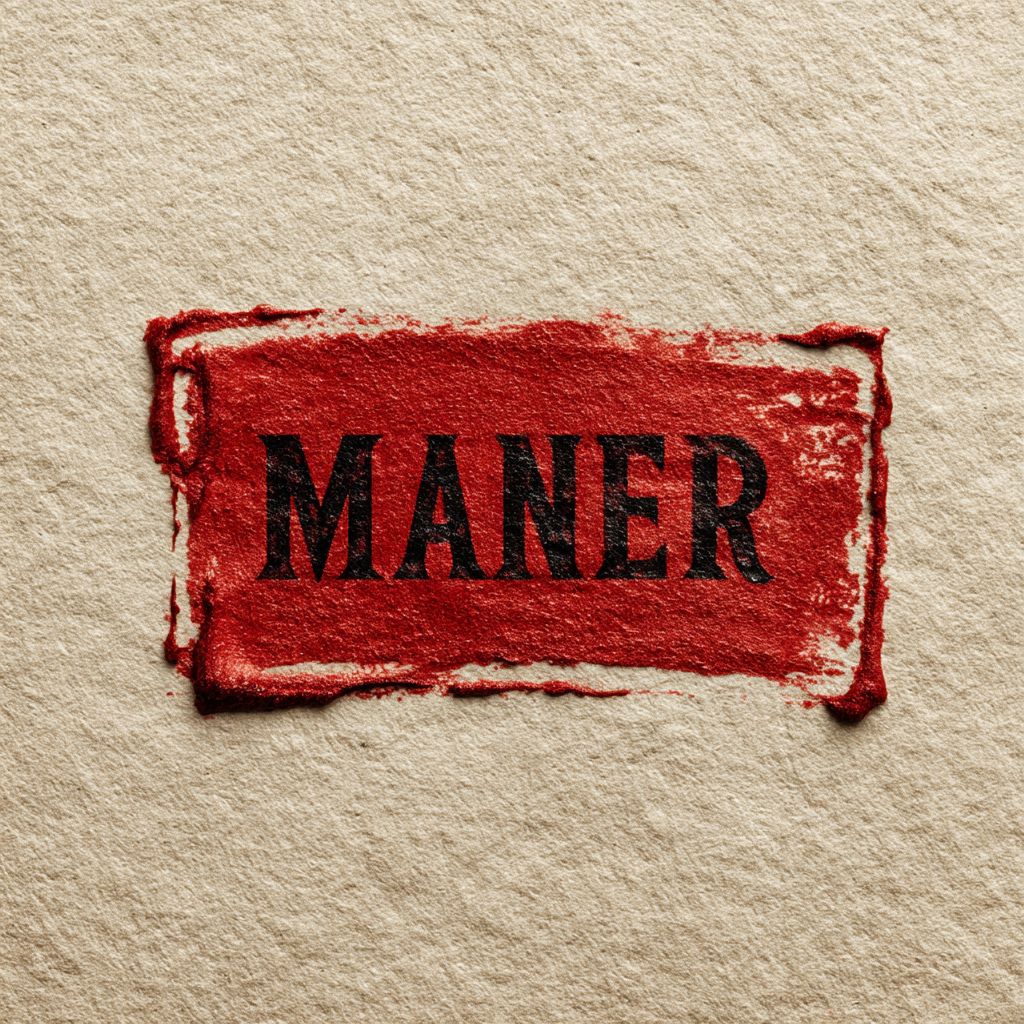 一枚横向的红色印章，上面用草书风格书写了“MANER”，背景为古代手工制作的白纸