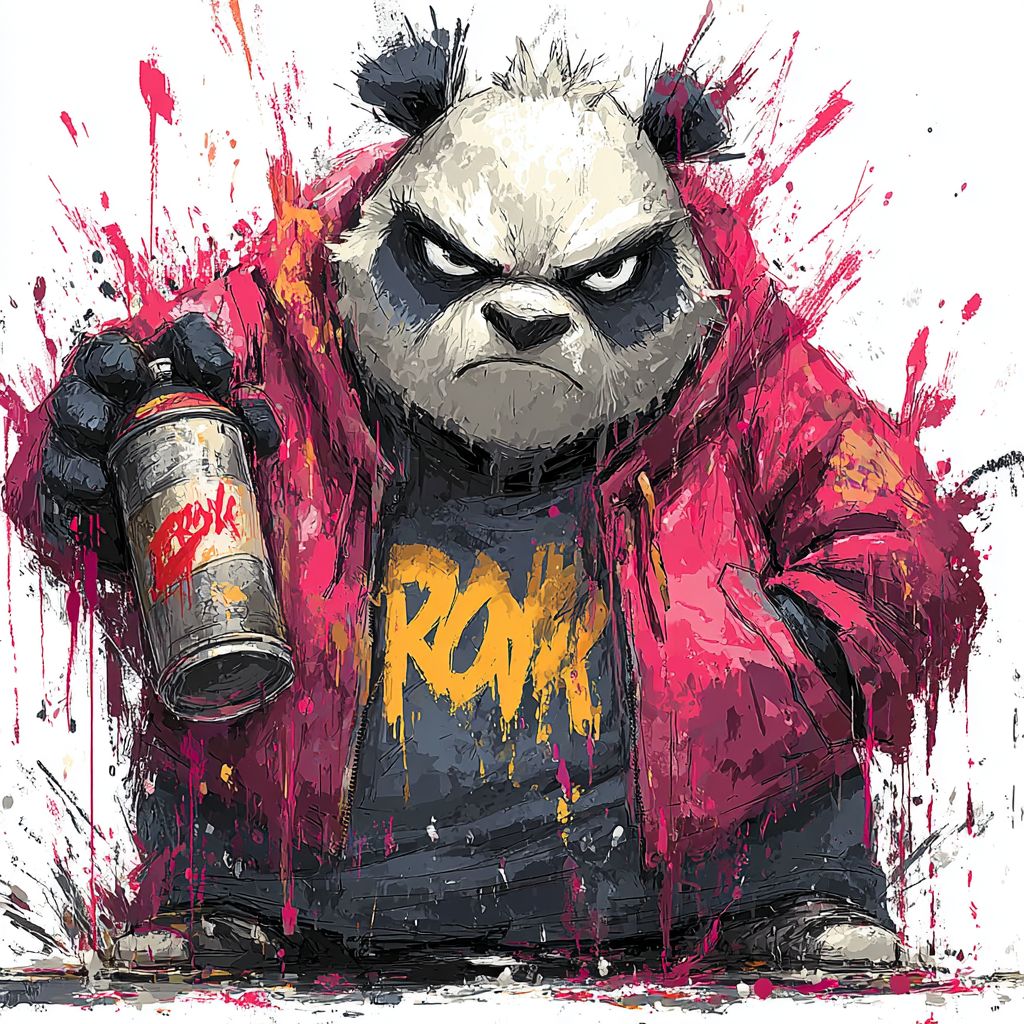 一只叛逆的卡通熊猫拿着喷漆罐