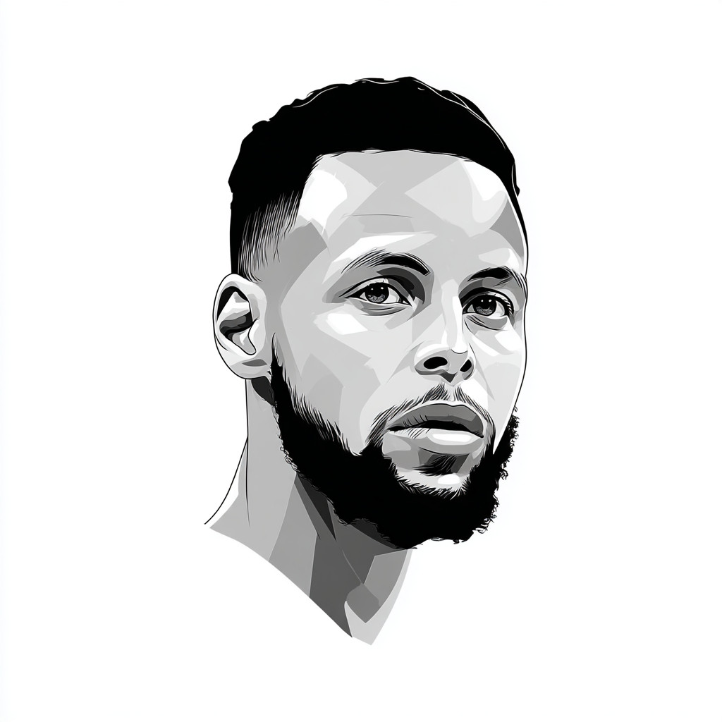 白色背景，极简风格的NBA勇士队史蒂芬·库里肖像