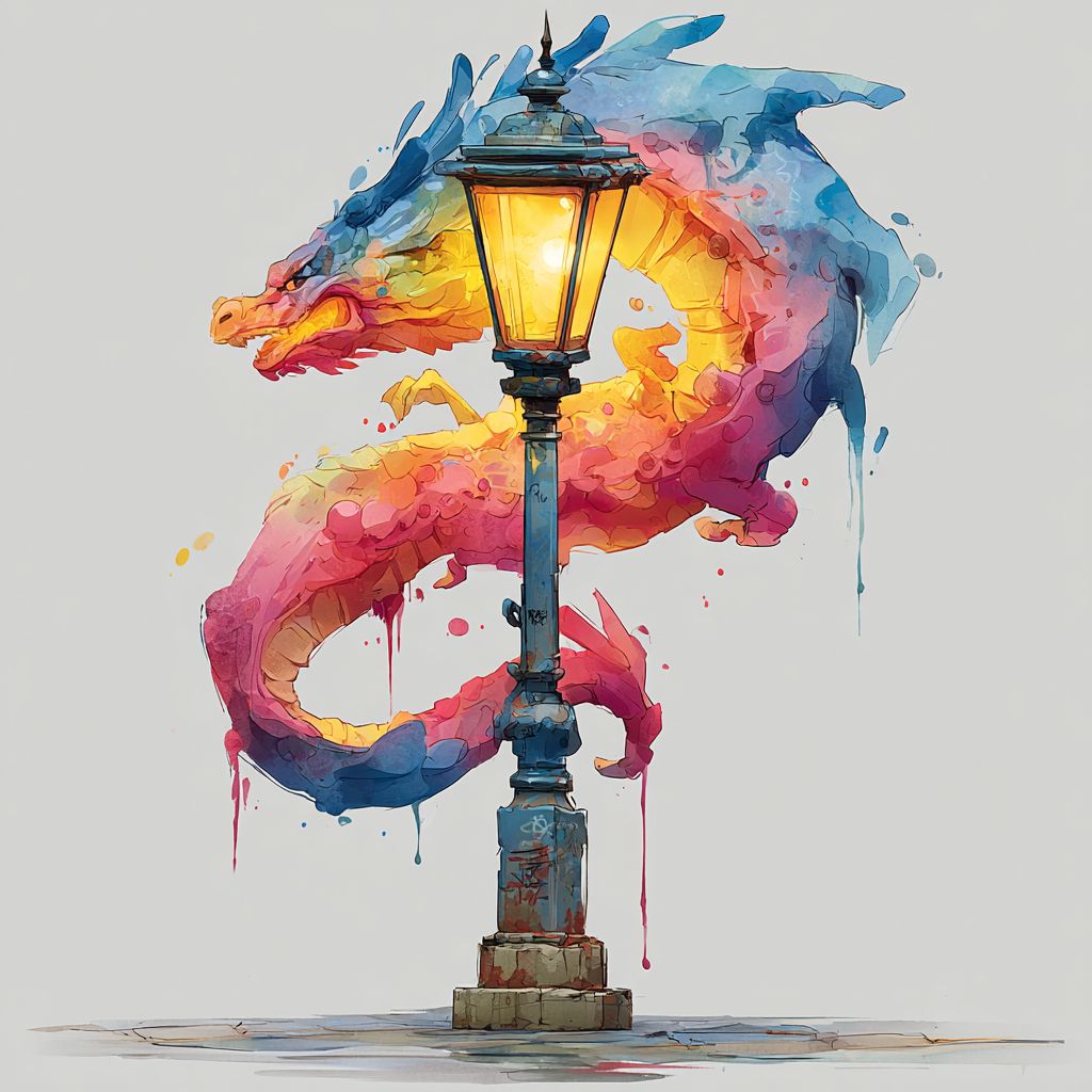 一条色彩斑斓的喷漆龙盘绕在发光的路灯上