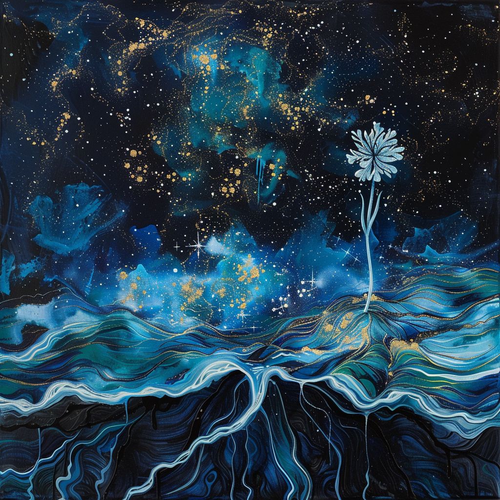 A glowing translucent river of time with a radiant wildflower symbolizes resistance to oblivion