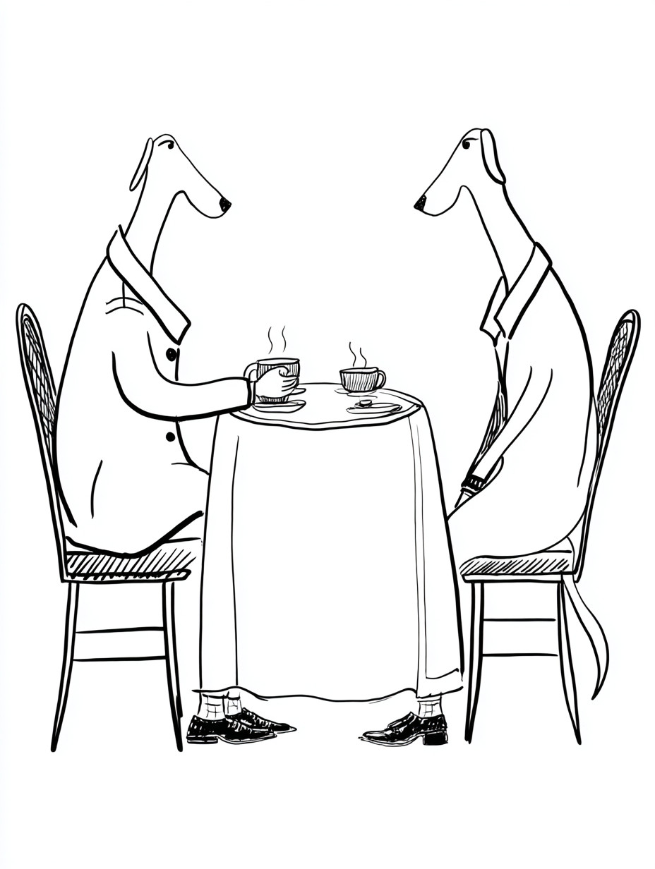 两只人性化的德国短毛犬坐在桌旁喝咖啡，穿着羽绒服和鞋子。