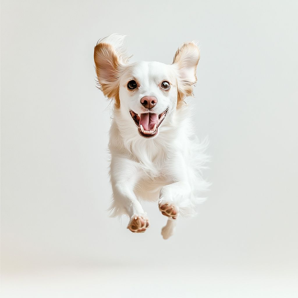 背景为白色的极简风格，贵族犬活力十足地奔跑。