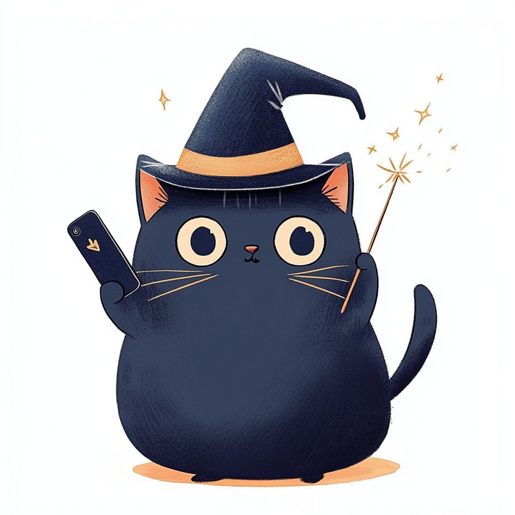 一只黑猫戴着魔法帽，手持魔法棒与手机，风格简约，背景为白色，吉卜力风格。