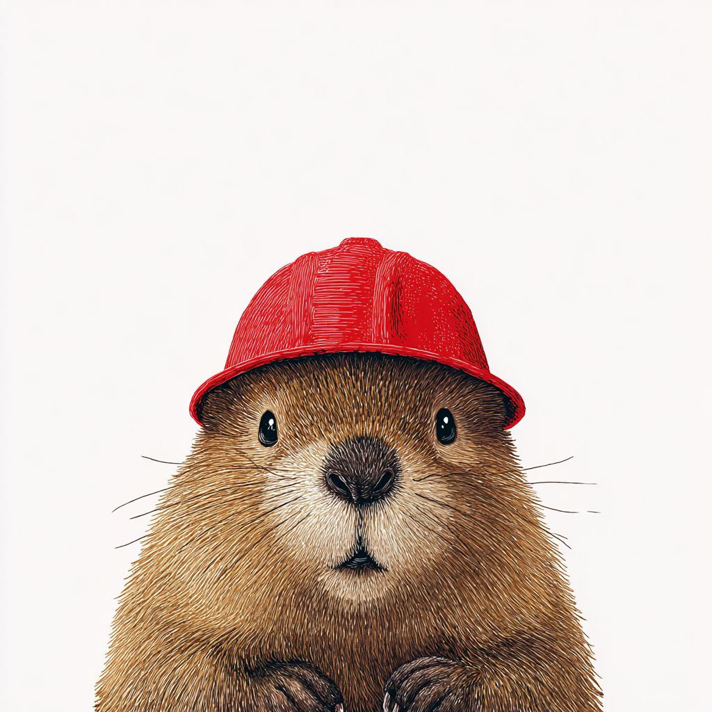 一只棕色的河狸戴着红色安全头盔，表情呆萌可爱，背景简约为白色