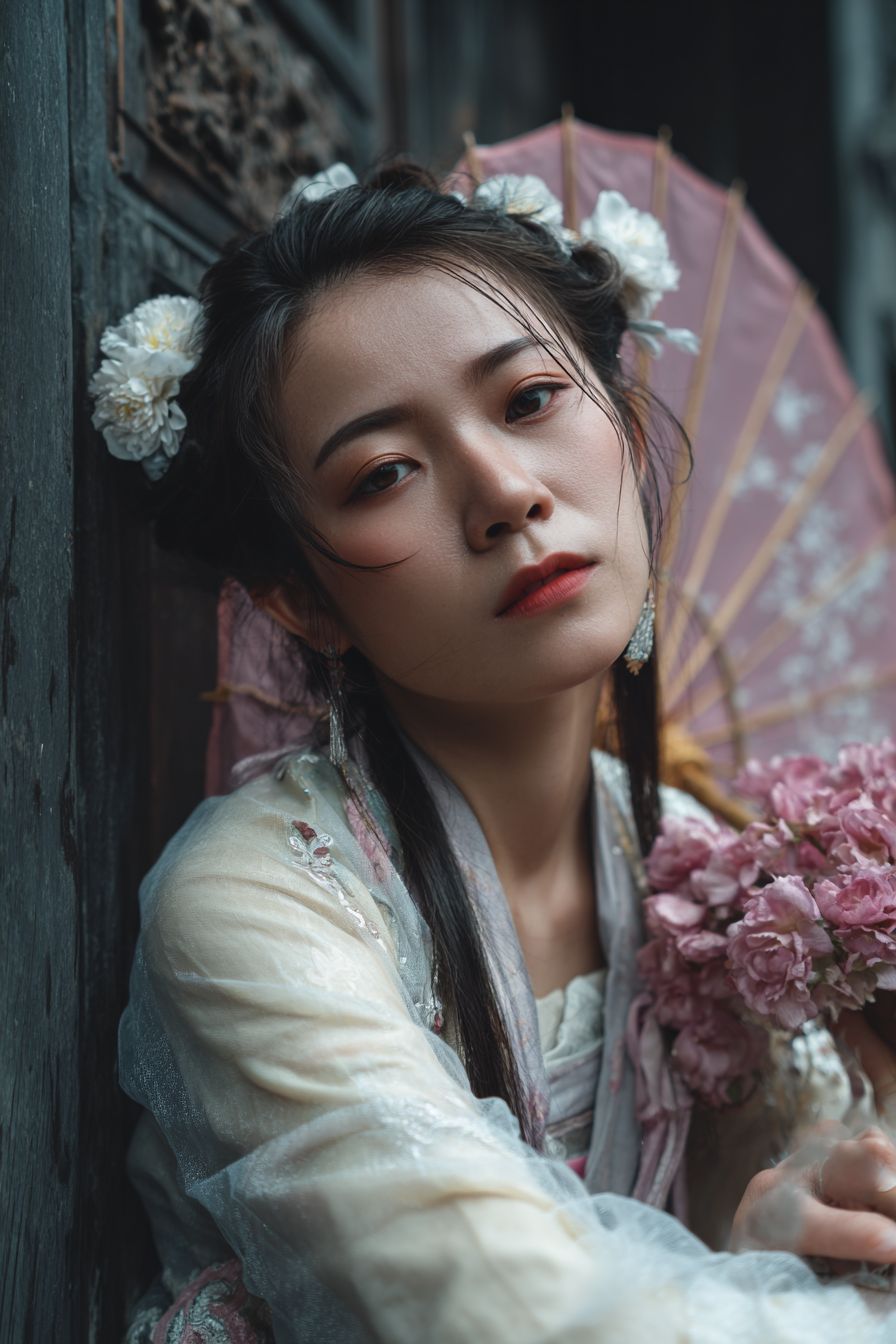Una mujer asiática de piel clara y rasgos delicados está sentada en un Hanfu azul, con una expresión calmada y reflexiva