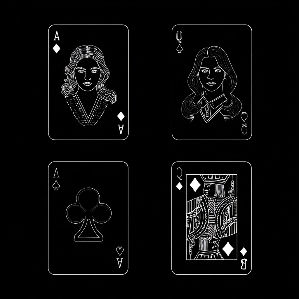老式扑克牌，简单的线条，黑桃女王