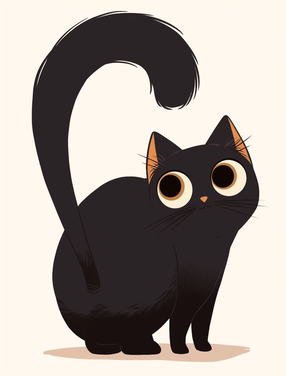 A black cat with a long tail looks back at the camera with a happy expression