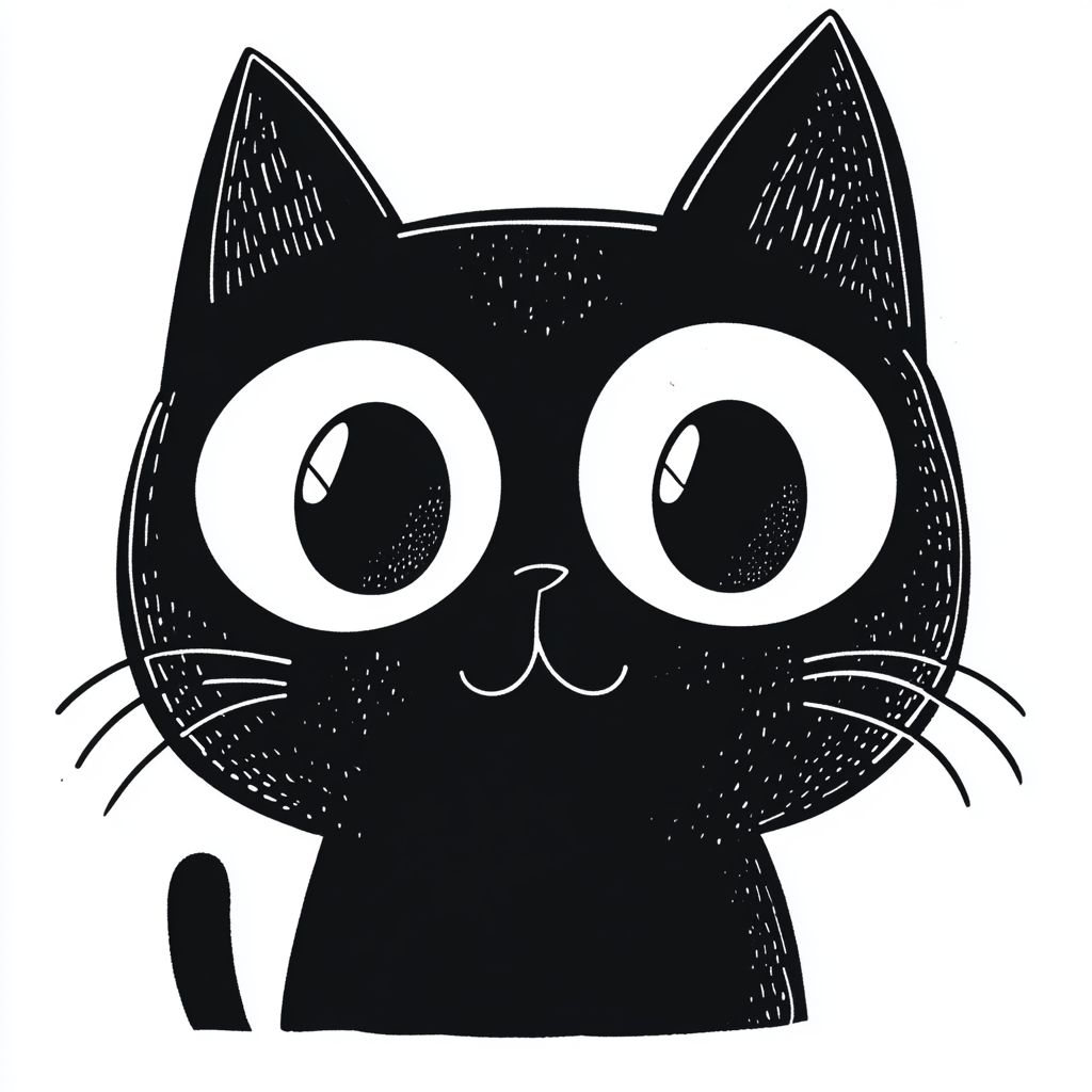 一个简单的黑白线条画风格的卡通猫角色，具有大眼睛和鼻子，嘴唇嘟嘟，采用干净的线条和半色调阴影，整体简约而富有表现力