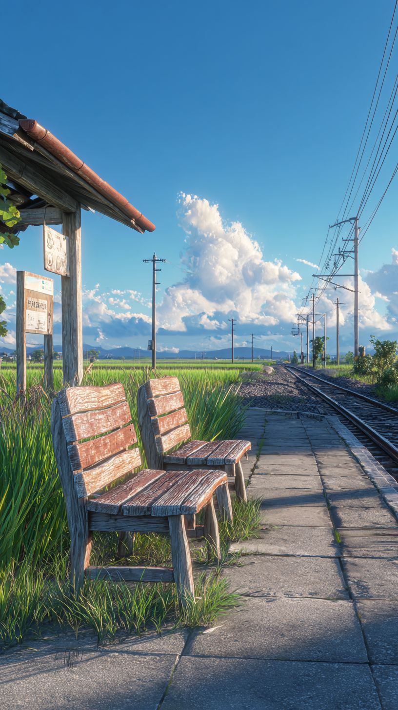 A quiet countryside train station in summer with old wooden benches and a small sign, railway tracks stretching across endless green rice fields beneath a clear blue sky with soft white clouds