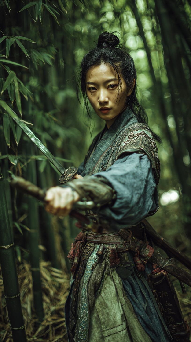 A traditional female warrior in a bamboo forest holding a Han sword