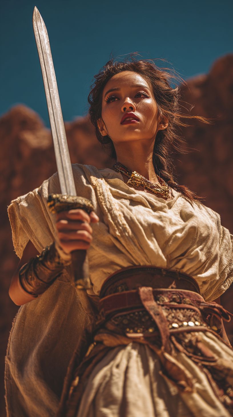 A traditional female warrior in ancient style holding a Han sword against a desert background