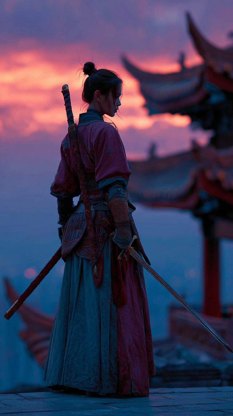 A traditional female warrior against ancient rooftops at dusk holding a Han sword
