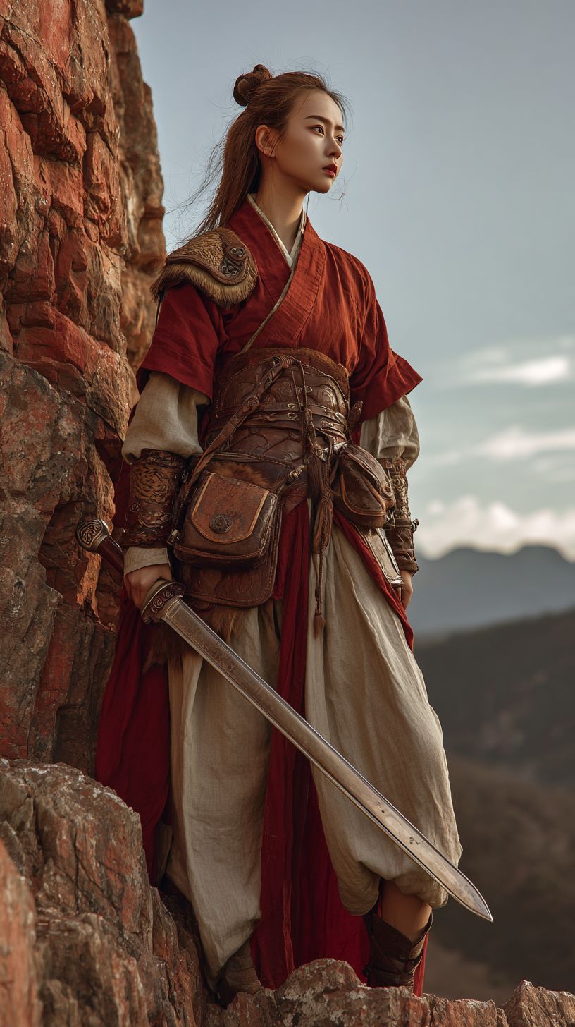 A traditional female warrior holding a Han sword at the edge of a cliff
