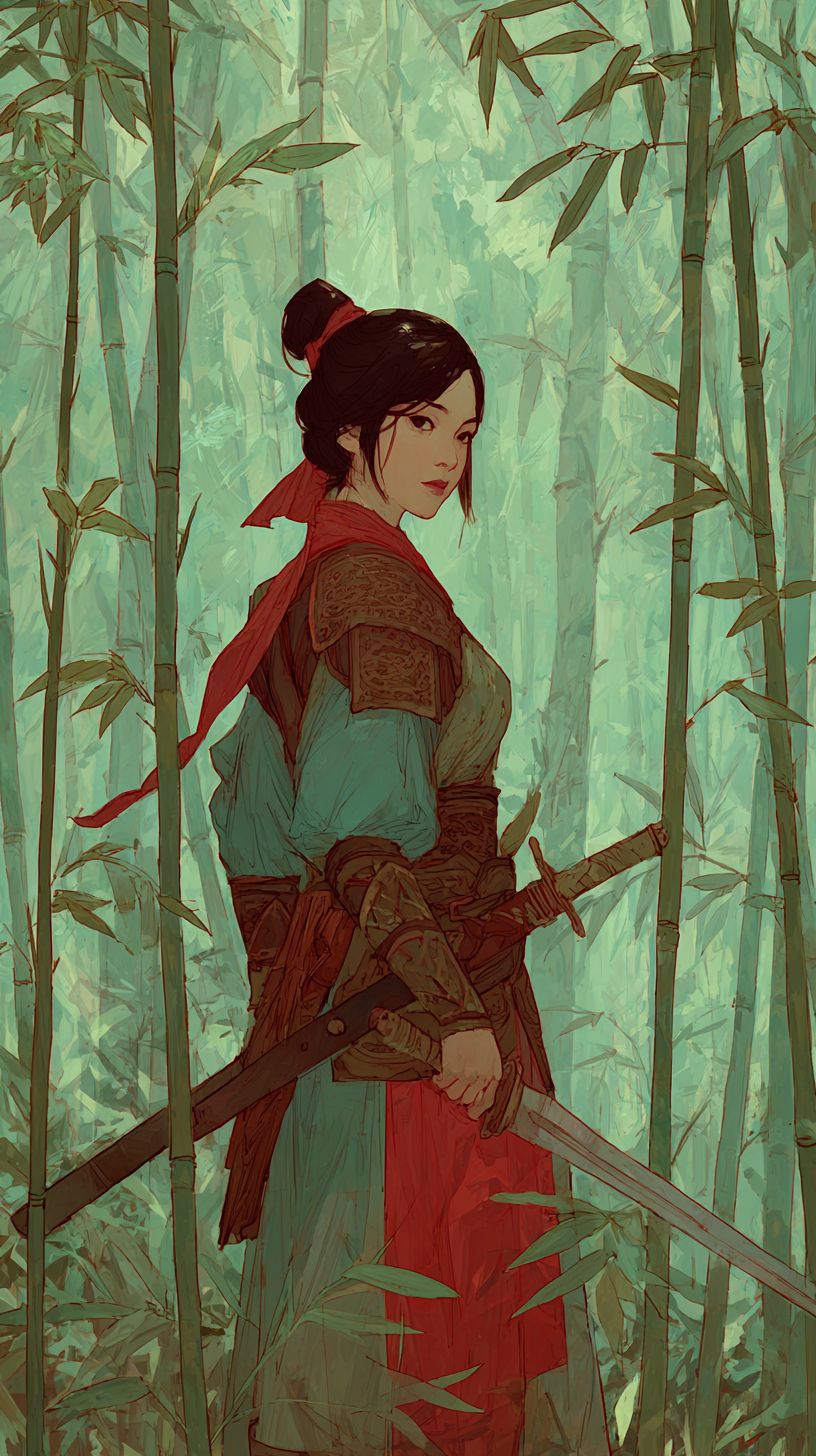 A traditional female warrior holding a Han sword in a bamboo forest