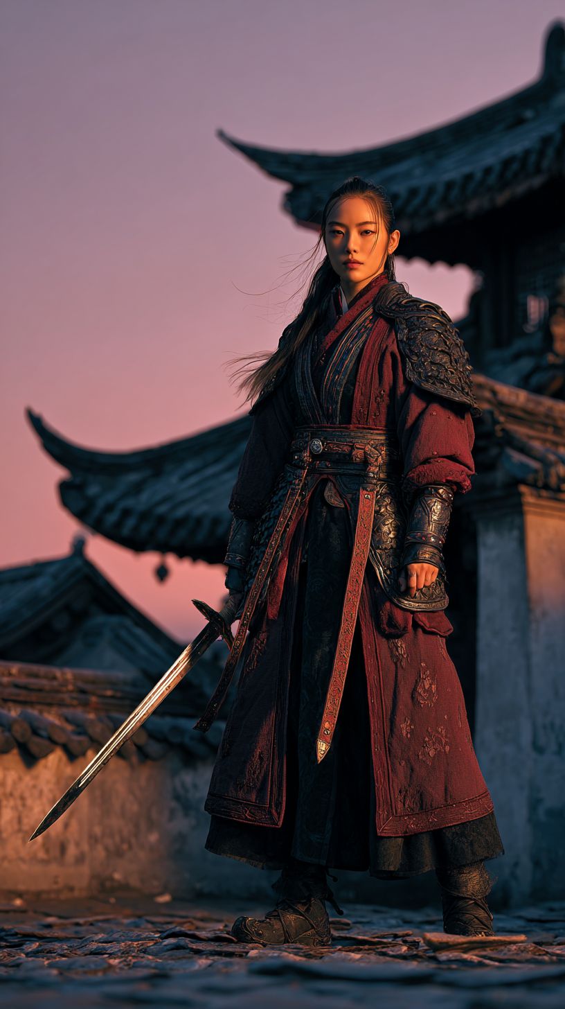 A traditional female warrior holding a Han sword on ancient rooftops at dusk
