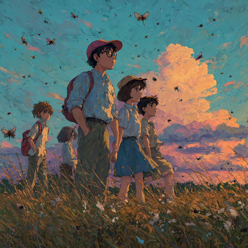 Summer cicadas, evening breeze, sunset, and youth in Hayao Miyazaki style