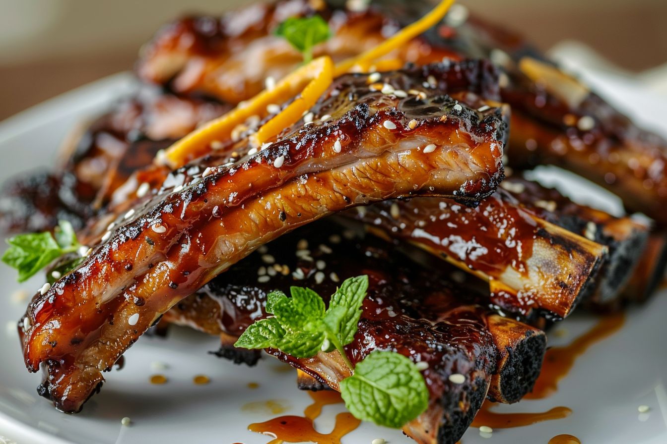 Sweet and sour pork ribs feature glossy amber sauce, caramelized surface, tender meat with charred edges, garnished with sesame seeds and mint leaves