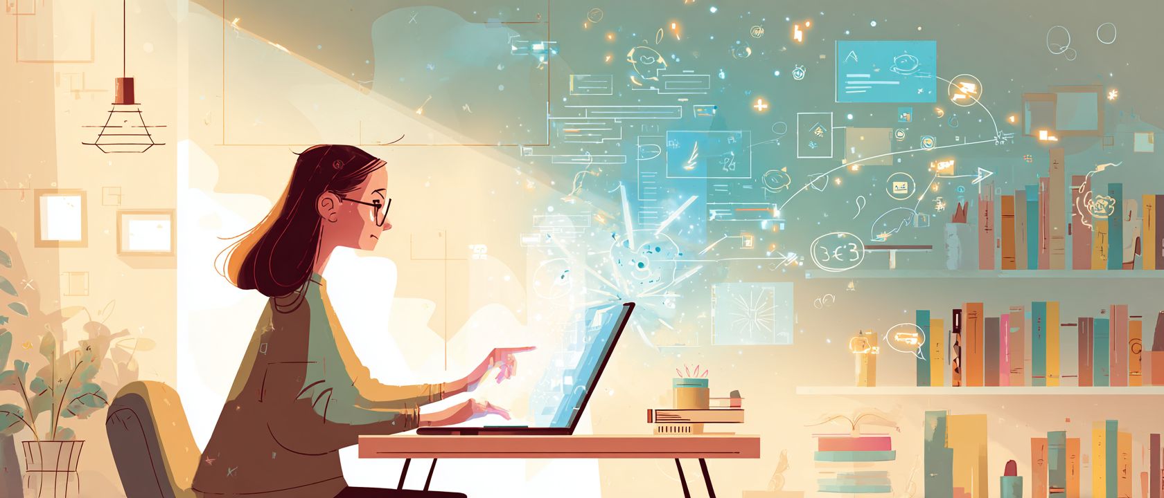 A young ordinary person is sitting at a modern desk, engaging with a laptop screen to intuitively create a website interface