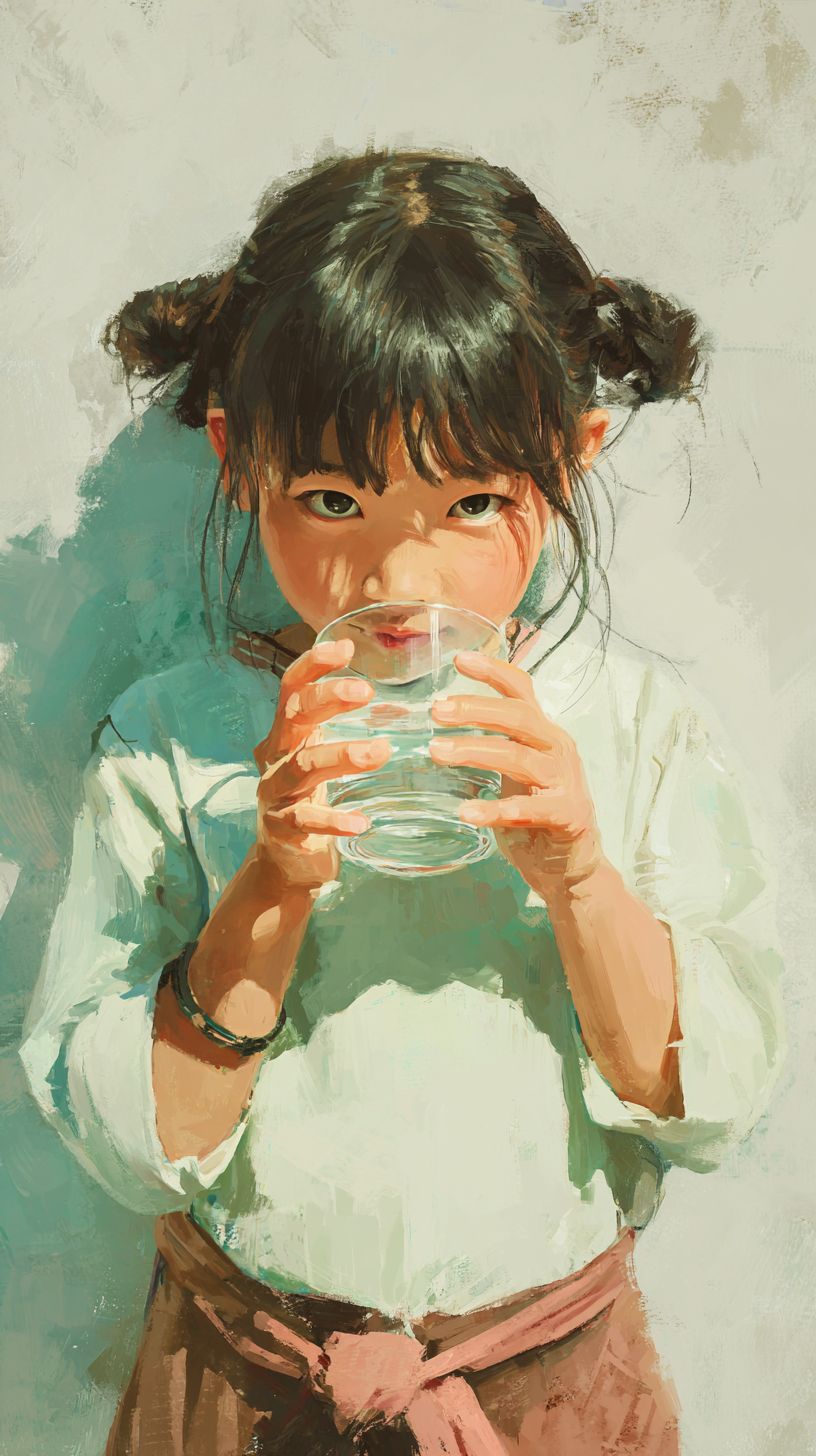 A cute Chinese girl is drinking water