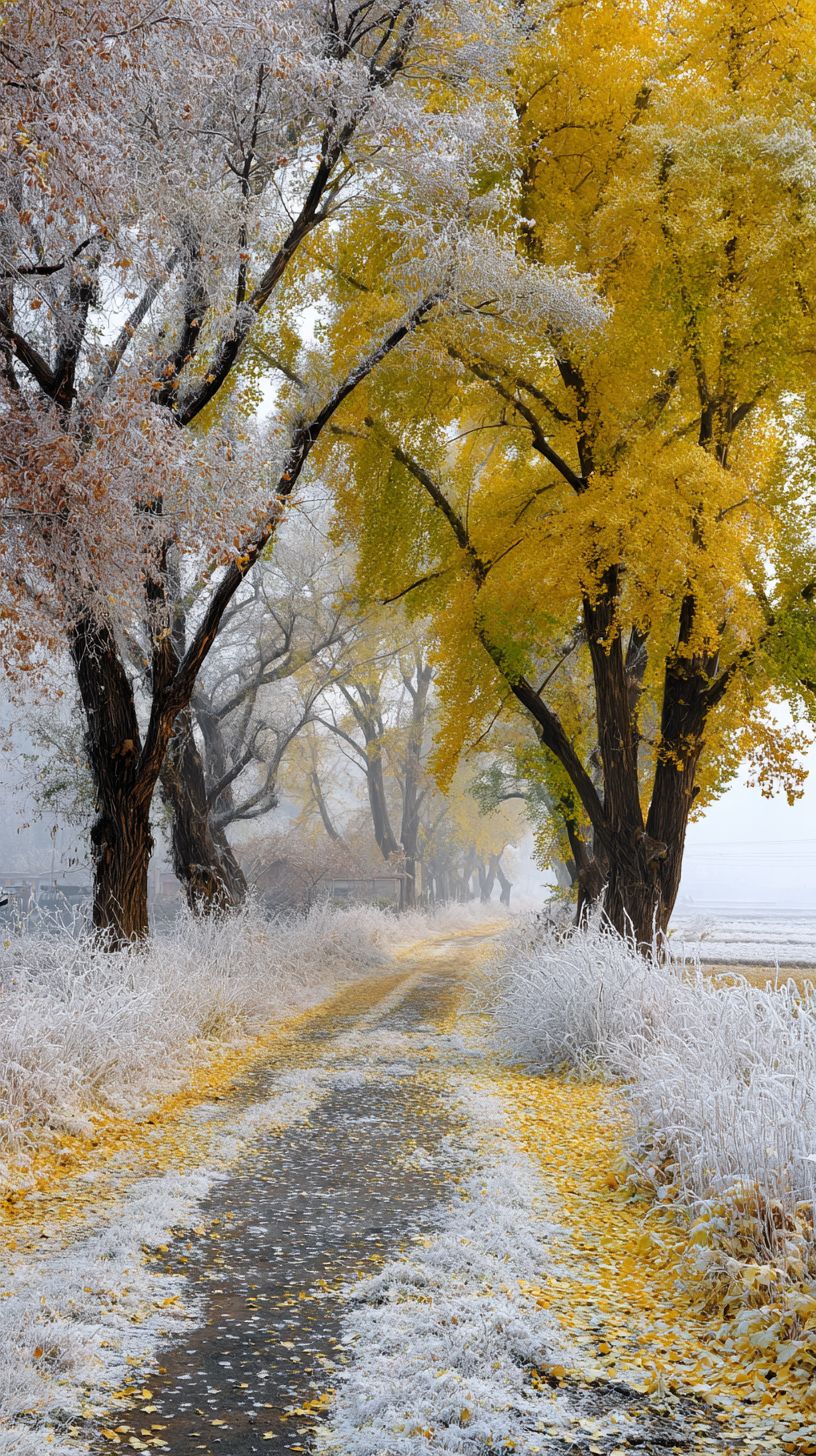 The natural scenery where autumn leaves and winter snow intertwine