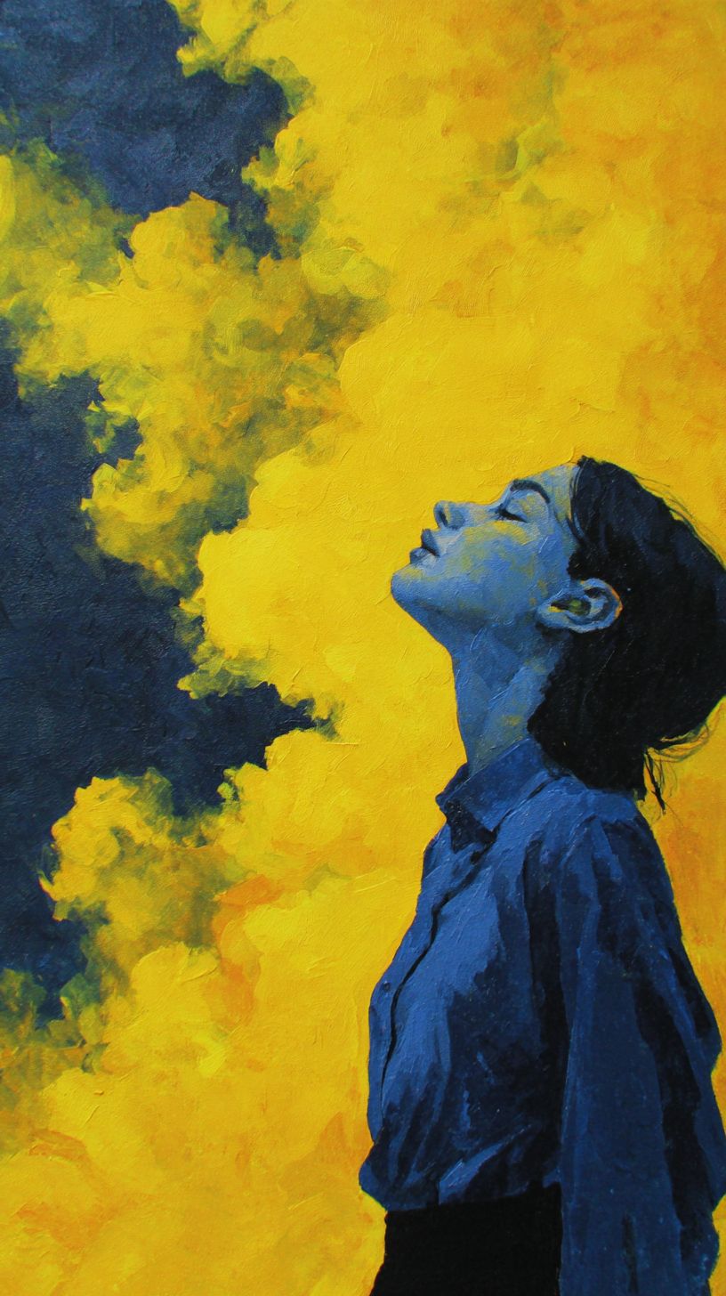 A minimalist portrait of a girl with dramatic light and shadow using bright yellow and indigo to express emotions