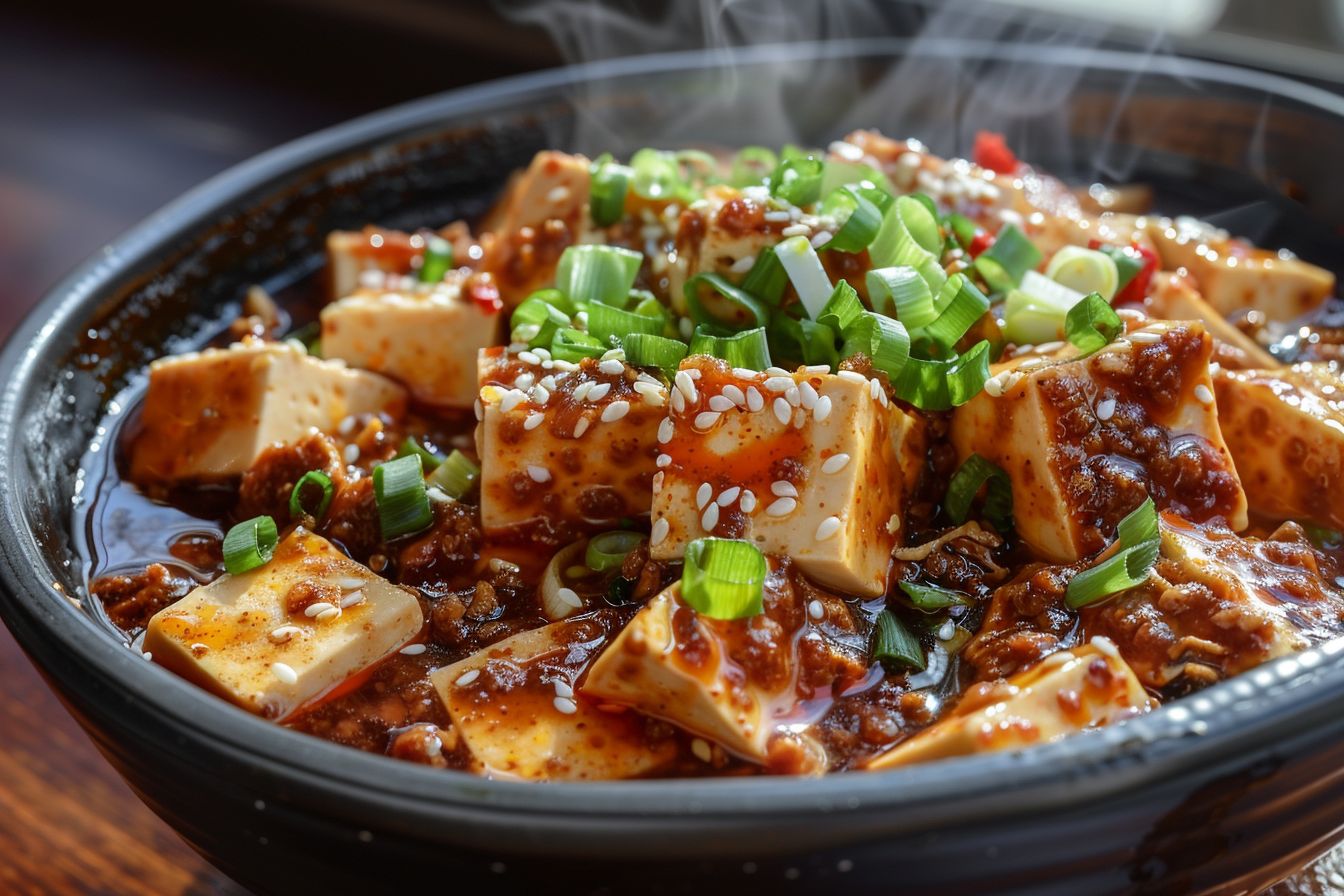 Sichuan mapo tofu with delicate silken tofu, spicy sauce, and crispy minced pork