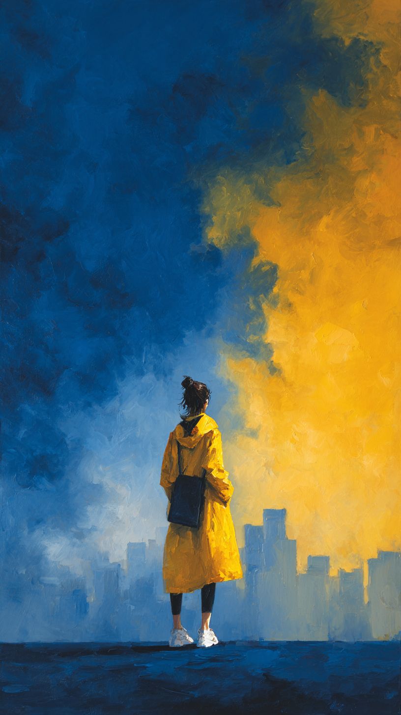 A minimalist oil painting featuring a brief portrait of a girl using bright yellow and indigo to express emotions and depict a lost world