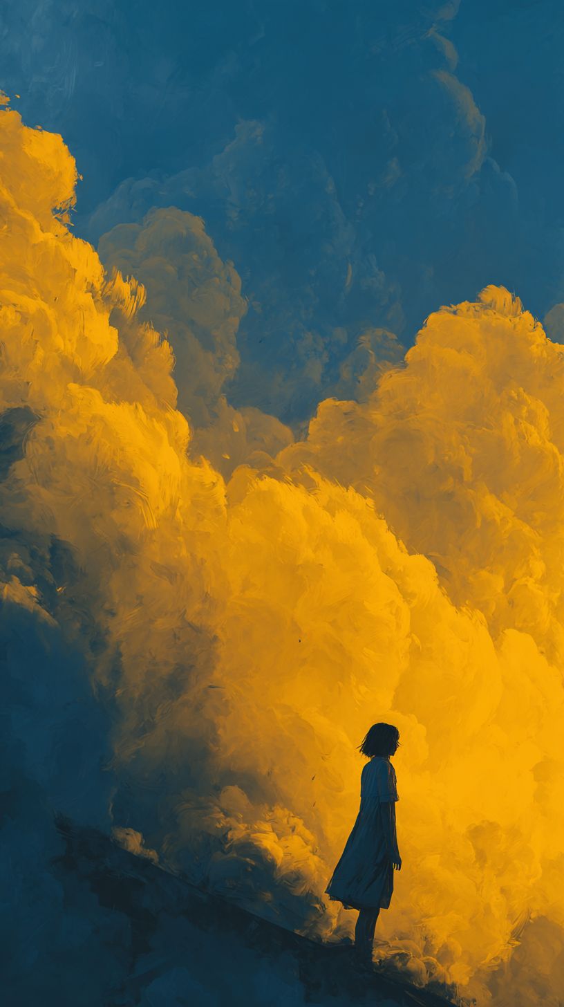 A portrait of a girl expressing emotions with bright yellow and indigo colors
