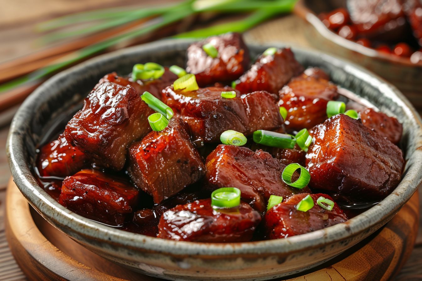 Chinese braised pork belly is coated in a glossy dark red sauce with tender meat and visible layers of fat