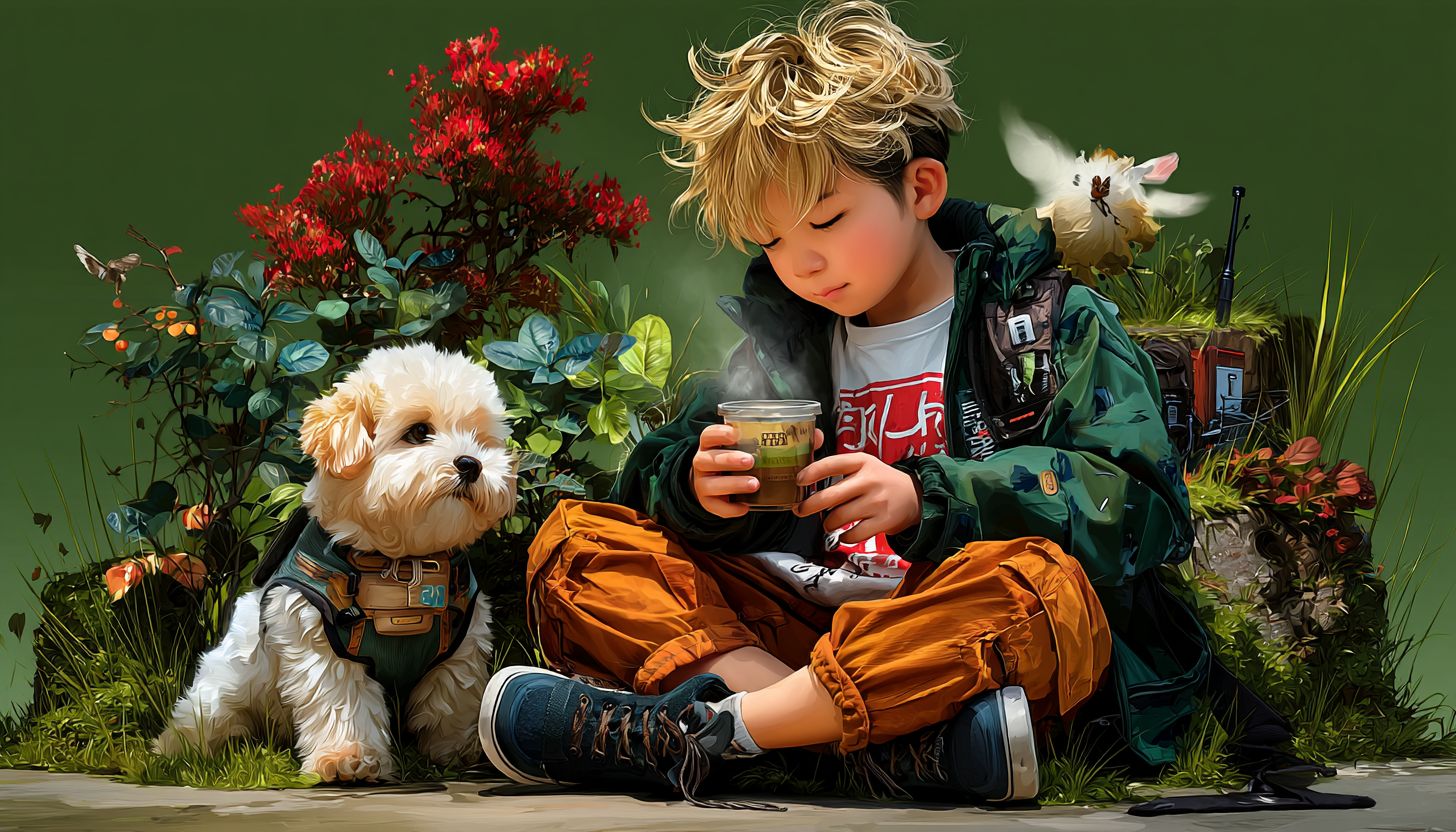A boy is sitting on the lawn drinking coffee with a cute little white dog playing nearby