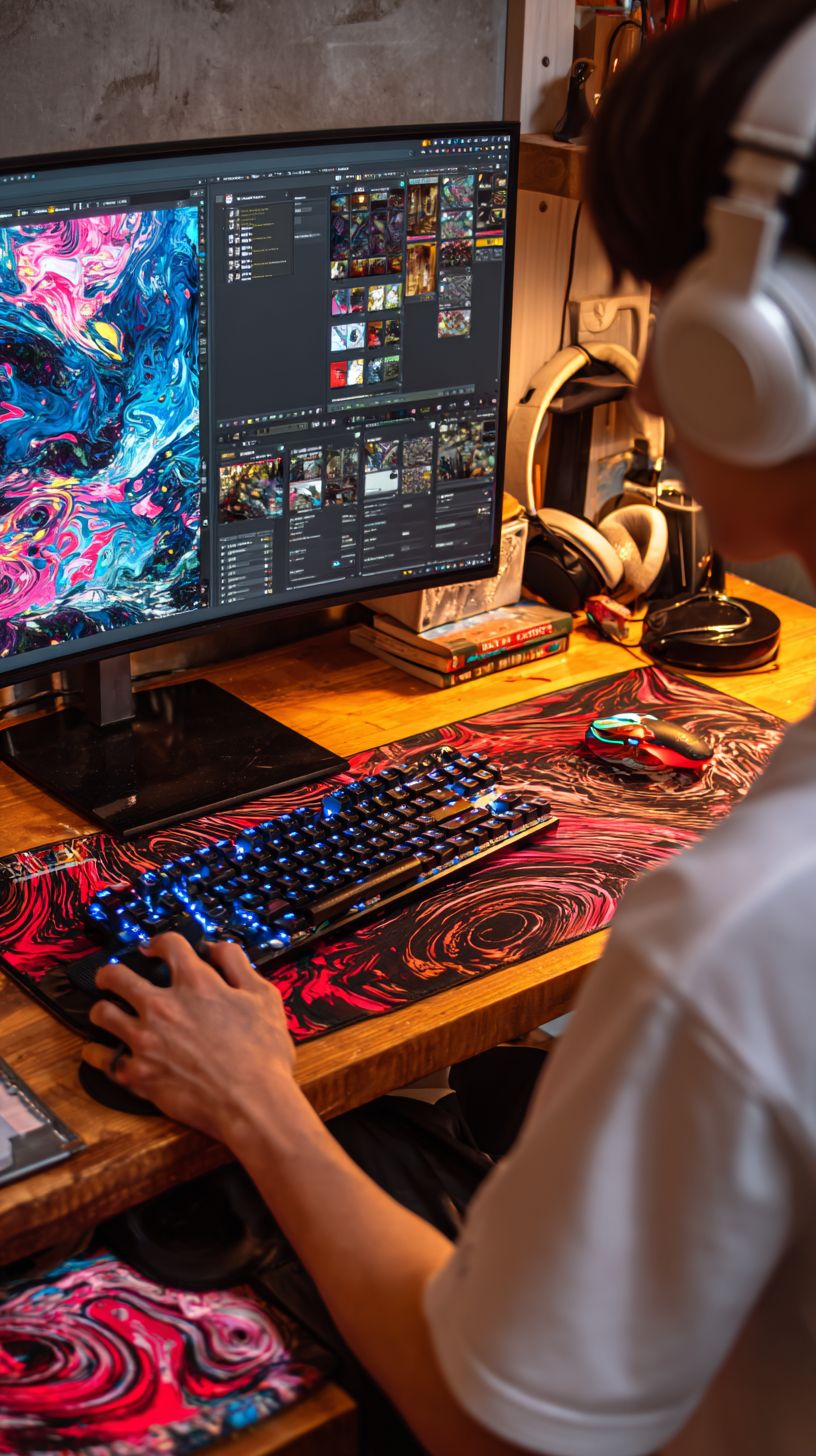 An Asian young man's workspace features a black mechanical keyboard and a red and black mouse pad against a gray concrete wall