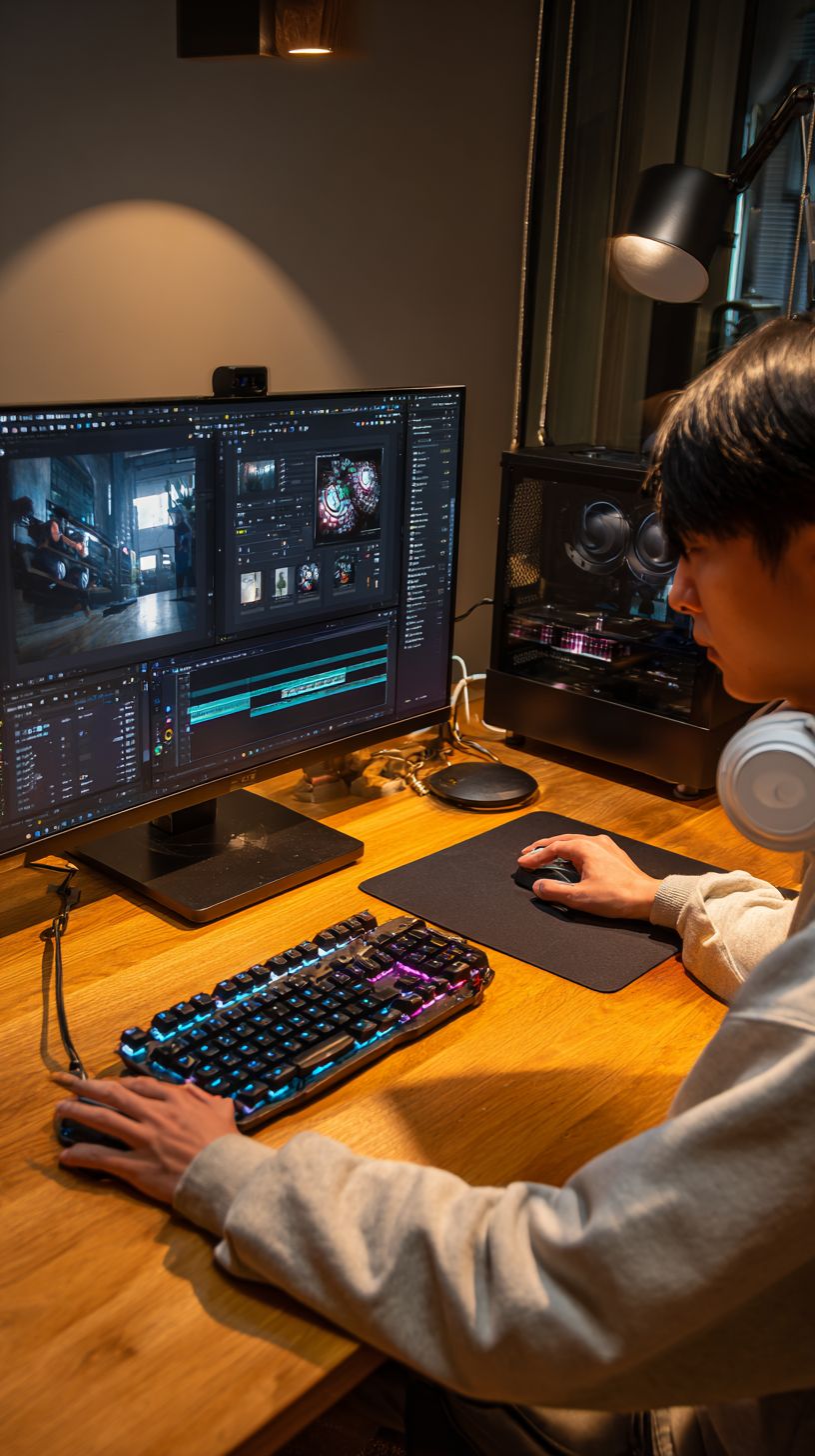 A young Asian man uses a black mechanical keyboard in a modern minimalist AI creator's workspace