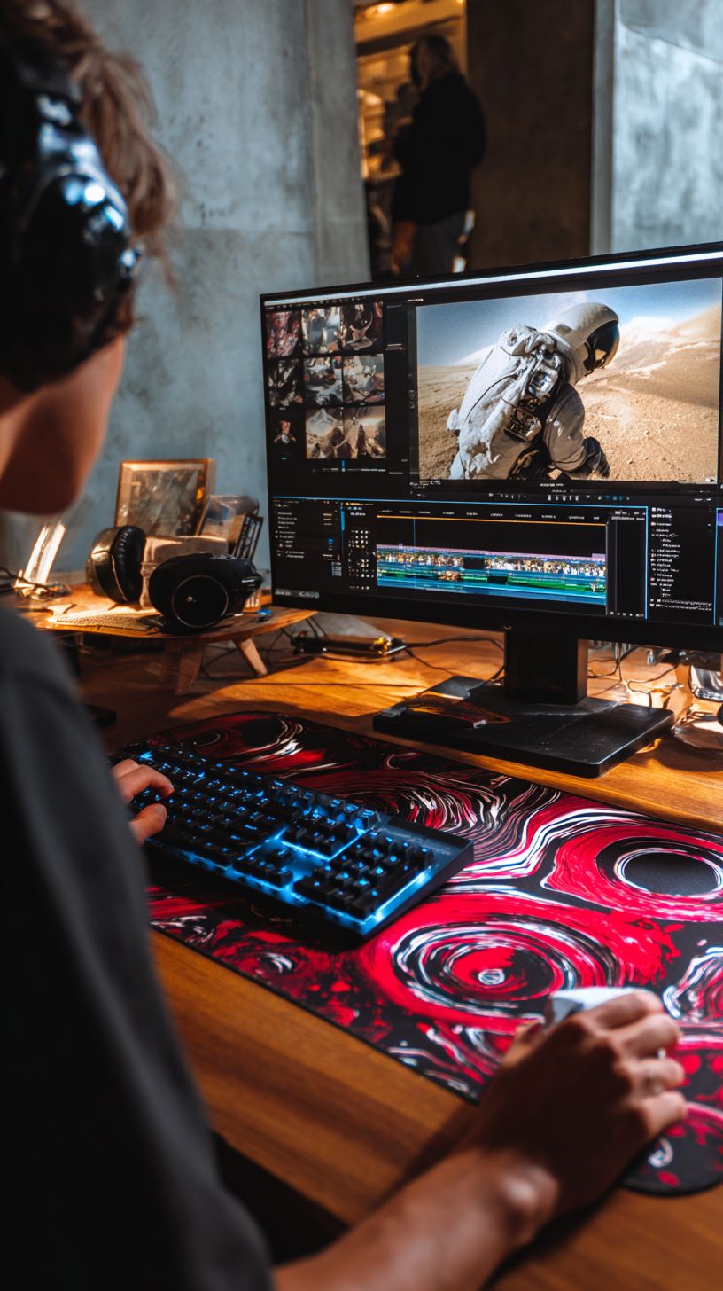 A person is editing a video on a black mechanical keyboard, with a gray cement wall and soft lighting in the background