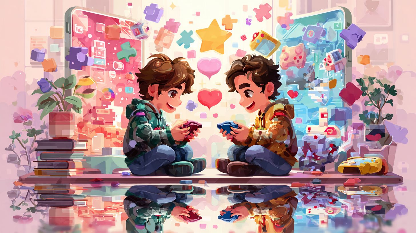 Cute illustration of two players cooperating in a game