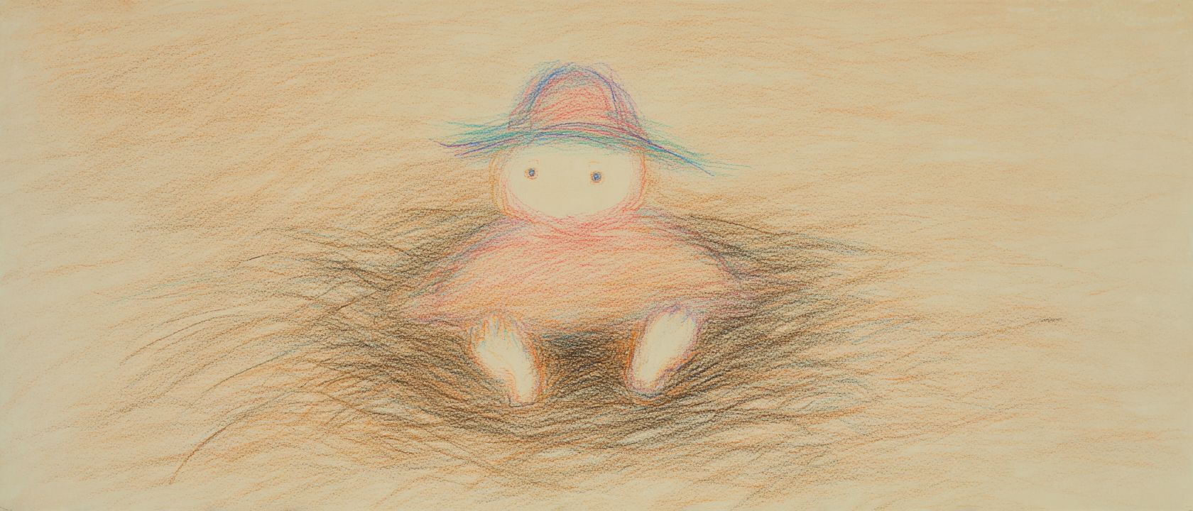 This is a naive and playful artwork depicting a small figure wearing a hat sitting quietly in thick fog