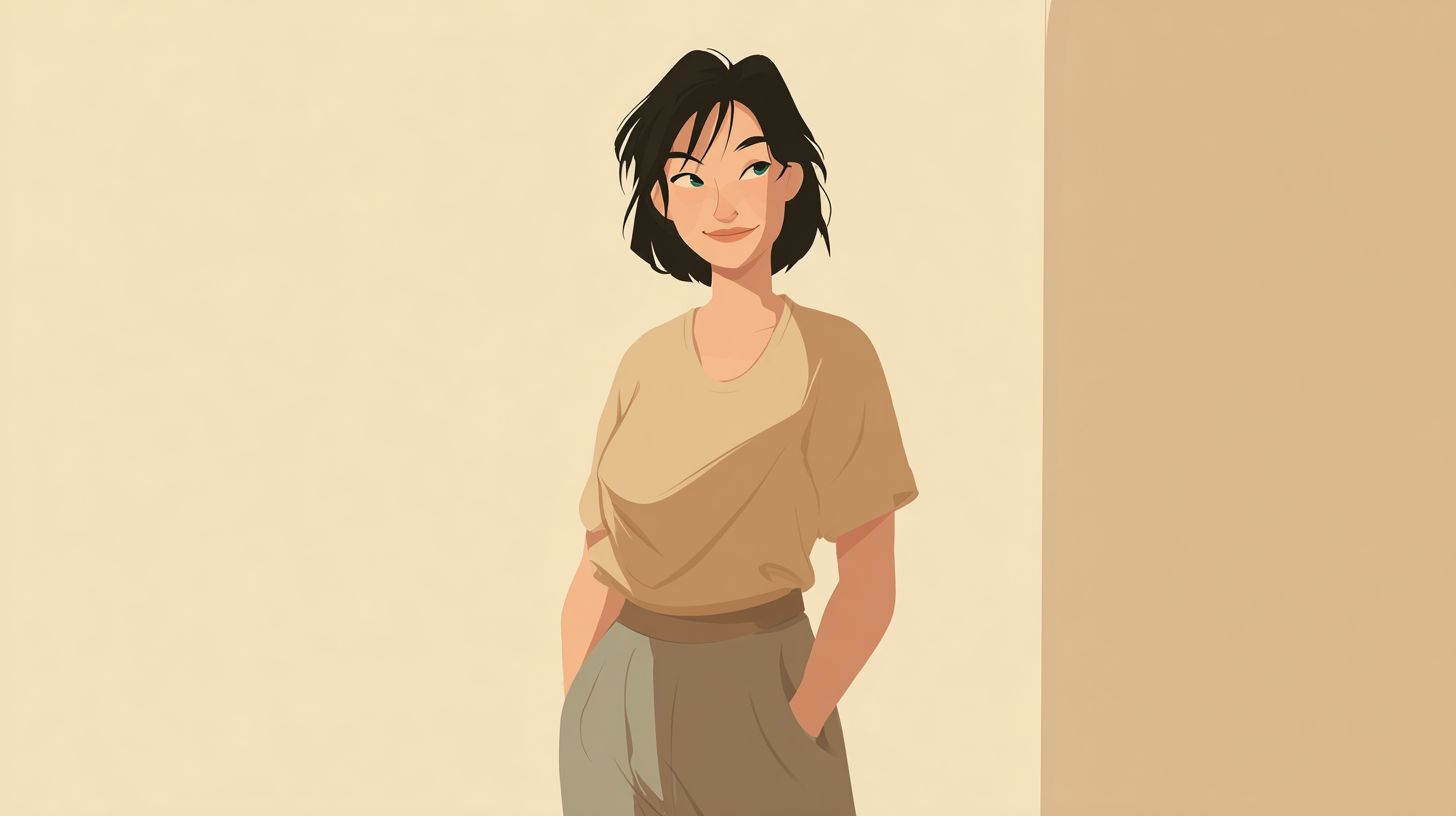 A 40-year-old woman with short black hair dressed in a beige T-shirt and loose beige pants shows a warm expression in a cozy setting
