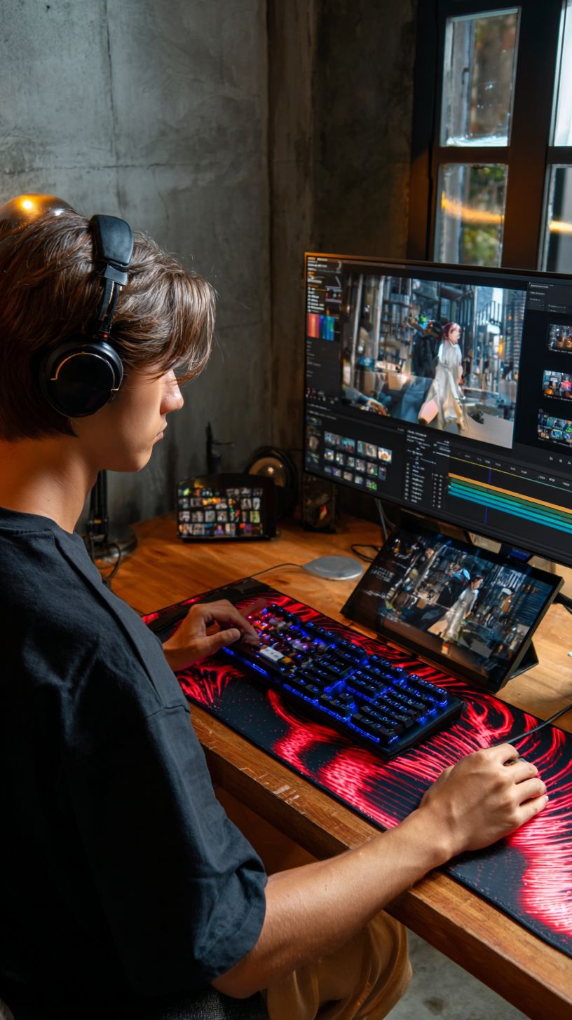 A young Asian man is editing a video in front of a black mechanical keyboard