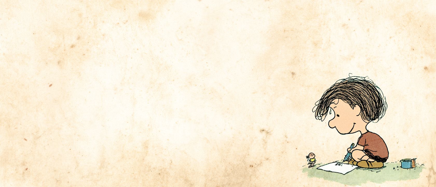 An illustration shows a girl squatting on textured ivory paper, drawing in a playful style