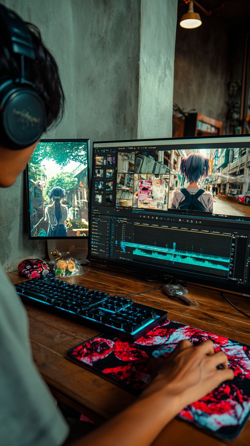 A young Asian man is focused on video editing