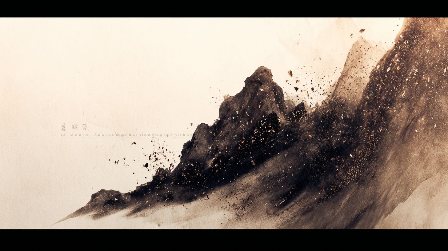 Abstract Chinese ink wash painting depicting the I Ching concept of 'mountain adhering to the earth' with a majestic mountain of dark rocks and weathering into fine sand