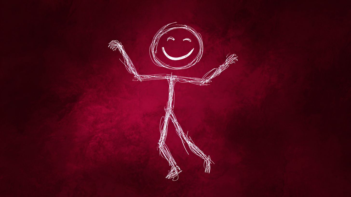 Create an image of a happy stick figure with a deep red background, a large head, eyes and mouth made of lines, and long thin legs and arms conveying a healing atmosphere