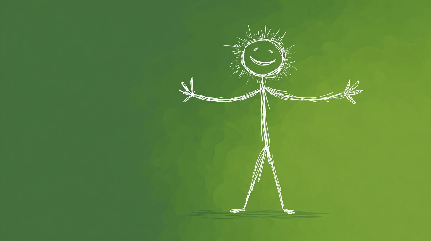 Generate an image of a happy stick figure with a green background conveying a healing atmosphere