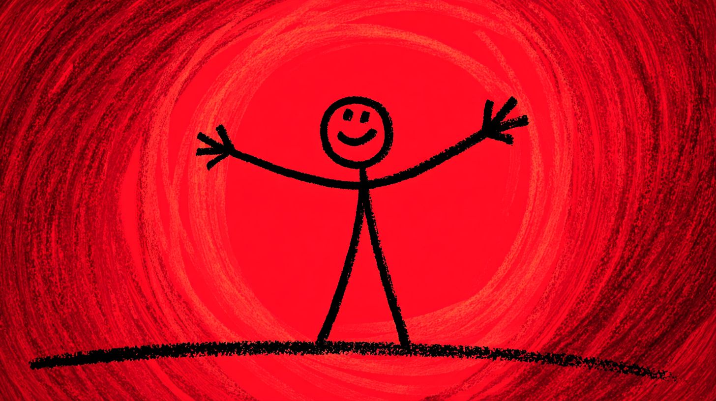 Create a happy stick figure on a vermilion red background with a large head and line-drawn eyes and mouth, featuring long thin arms and legs in a healing atmosphere