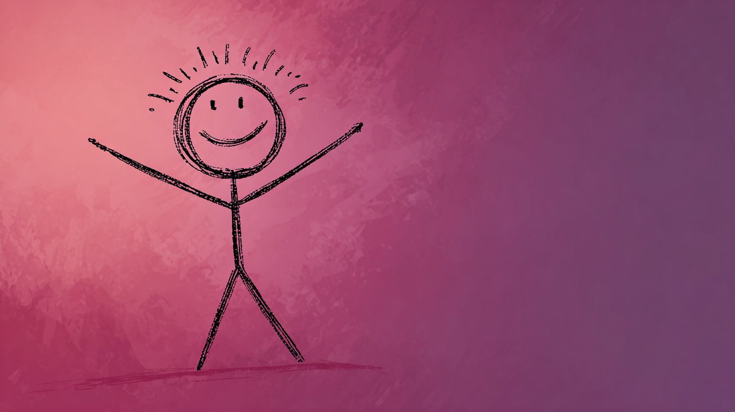 Generate an illustration of a happy stick figure with a large head, line-drawn eyes and mouth, long thin limbs, and a purple-red background that conveys a healing atmosphere