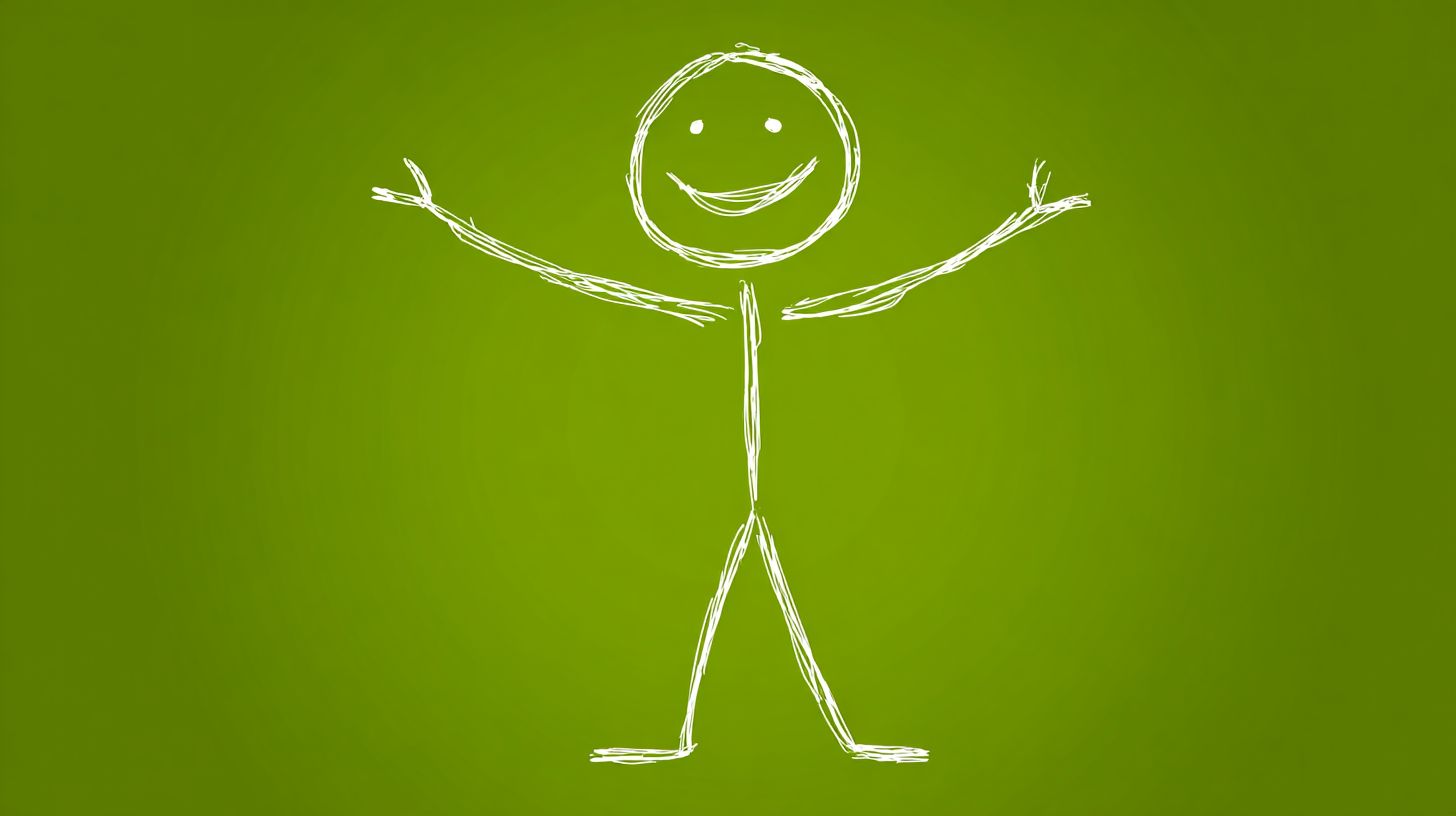 Illustrate a happy stick figure on a green background with a large head, line-drawn eyes and mouth, and long thin legs and arms conveying a healing atmosphere