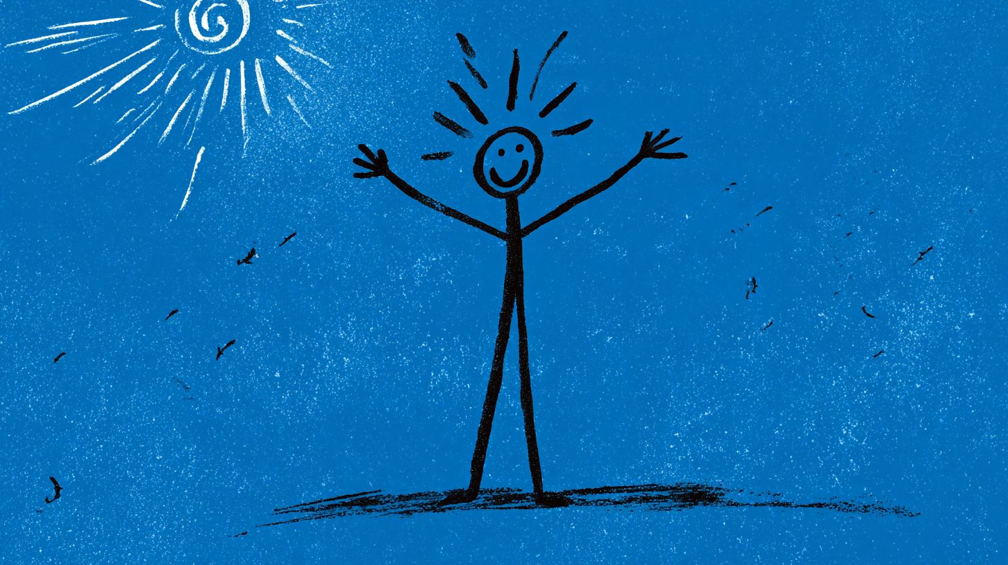 Create an image of a happy stick figure with a blue background, large head, eyes and mouth as lines, and long thin arms and legs conveying a healing atmosphere