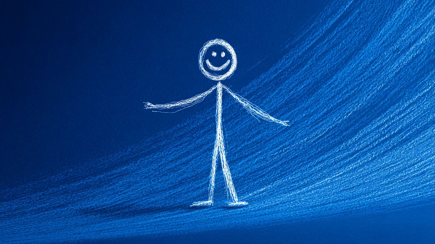 Create an image of a happy stick figure with a royal blue background, a large head, and features represented by lines, conveying a healing atmosphere